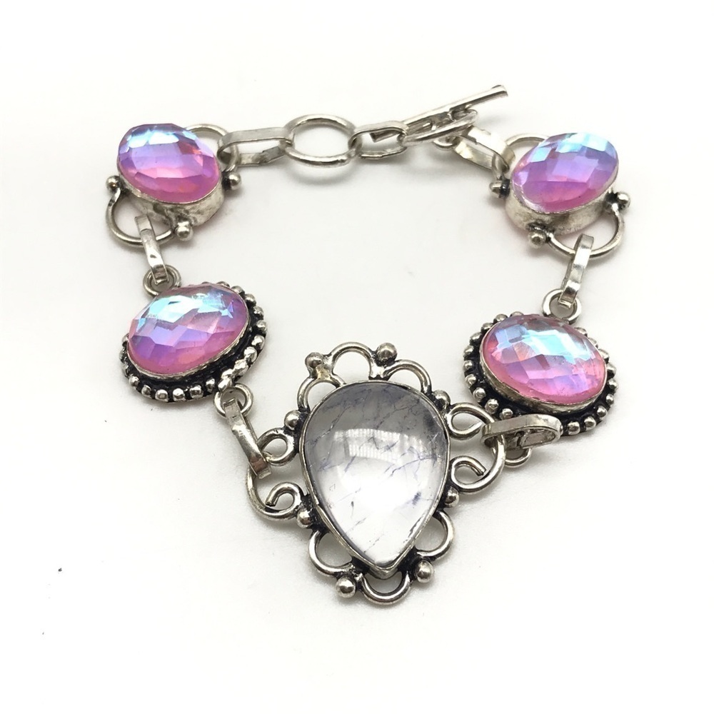 925 Sterling Silver Pink Clear Stone Toggle Bracelet